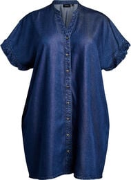 Denimlook kjole med knaplukning og fl&aelig;se&aelig;rmer, Bl&aring;