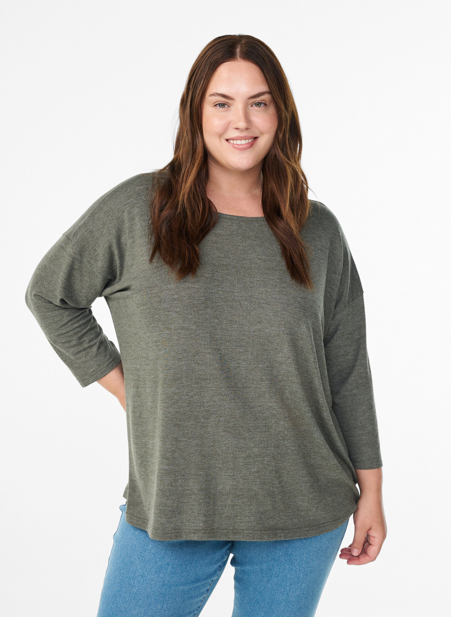 Zizzi Jerseybluse med 3/4 &aelig;rmer, Gr&oslash;n, Model image number 0
