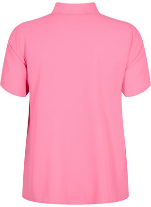 Kortærmet skjortebluse med flæser, Pink Power, Packshot image number 1
