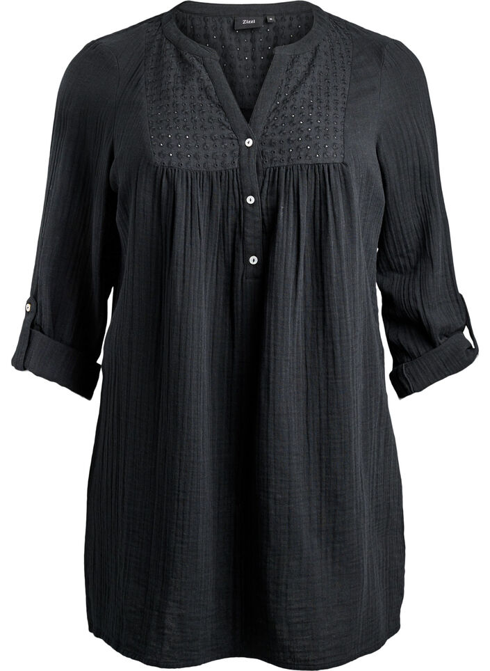 Tunika i bomuldsmusselin med broderi anglaise, Sort, Packshot image number 0
