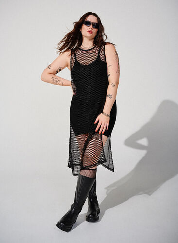 Ærmeløs net kjole med slids, Black, Image image number 0