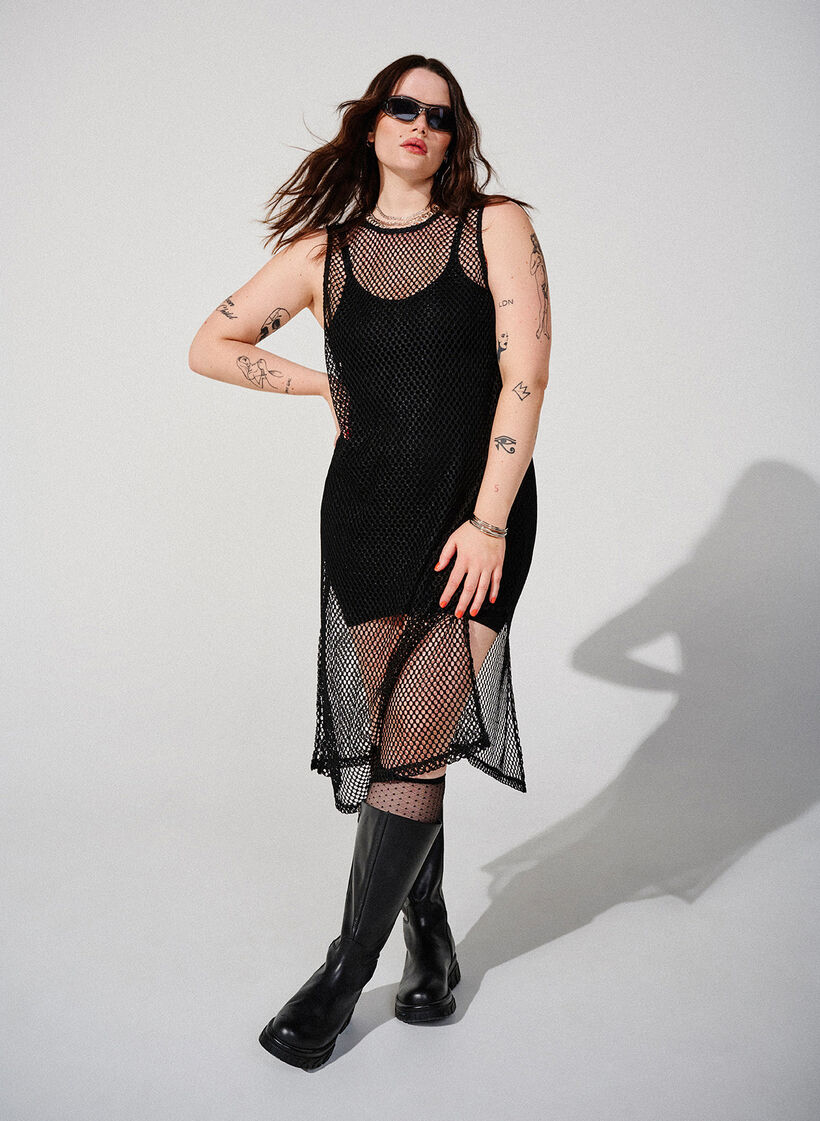 Ærmeløs net kjole med slids, Black, Image