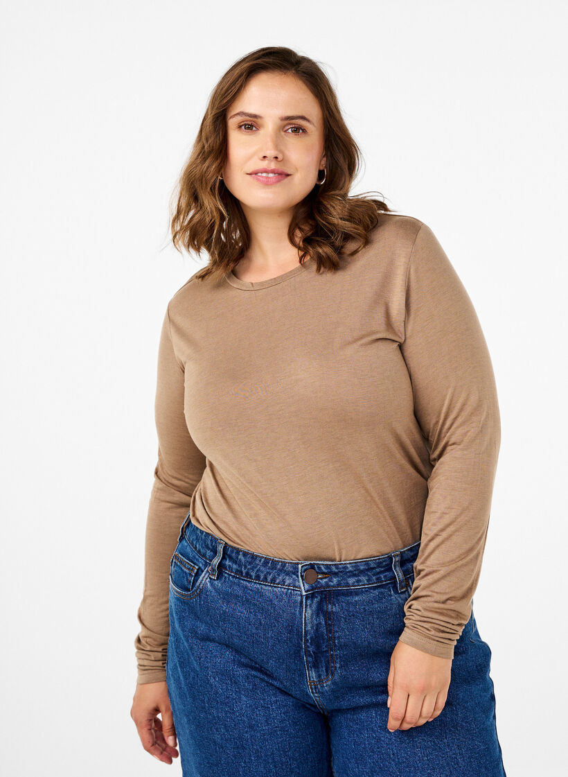 Lang&aelig;rmet bluse i uld og viskose, Brun, Model image number 0