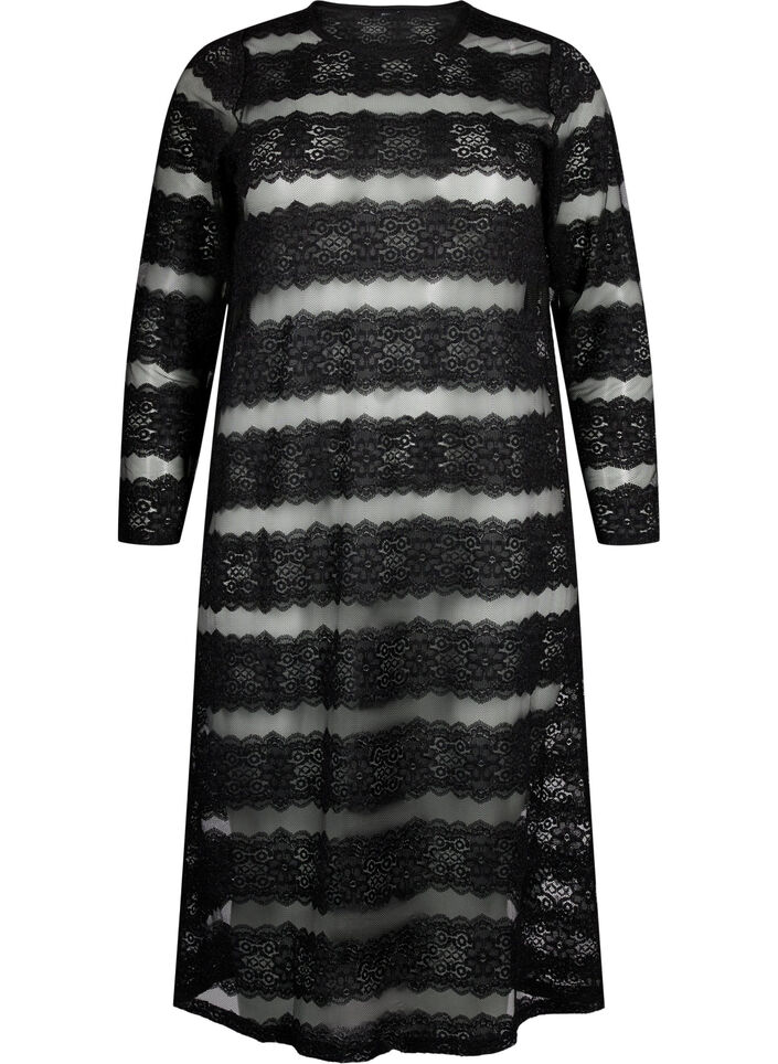 Midikjole med blonder og gennemsigtigt mesh, Black, Packshot image number 0