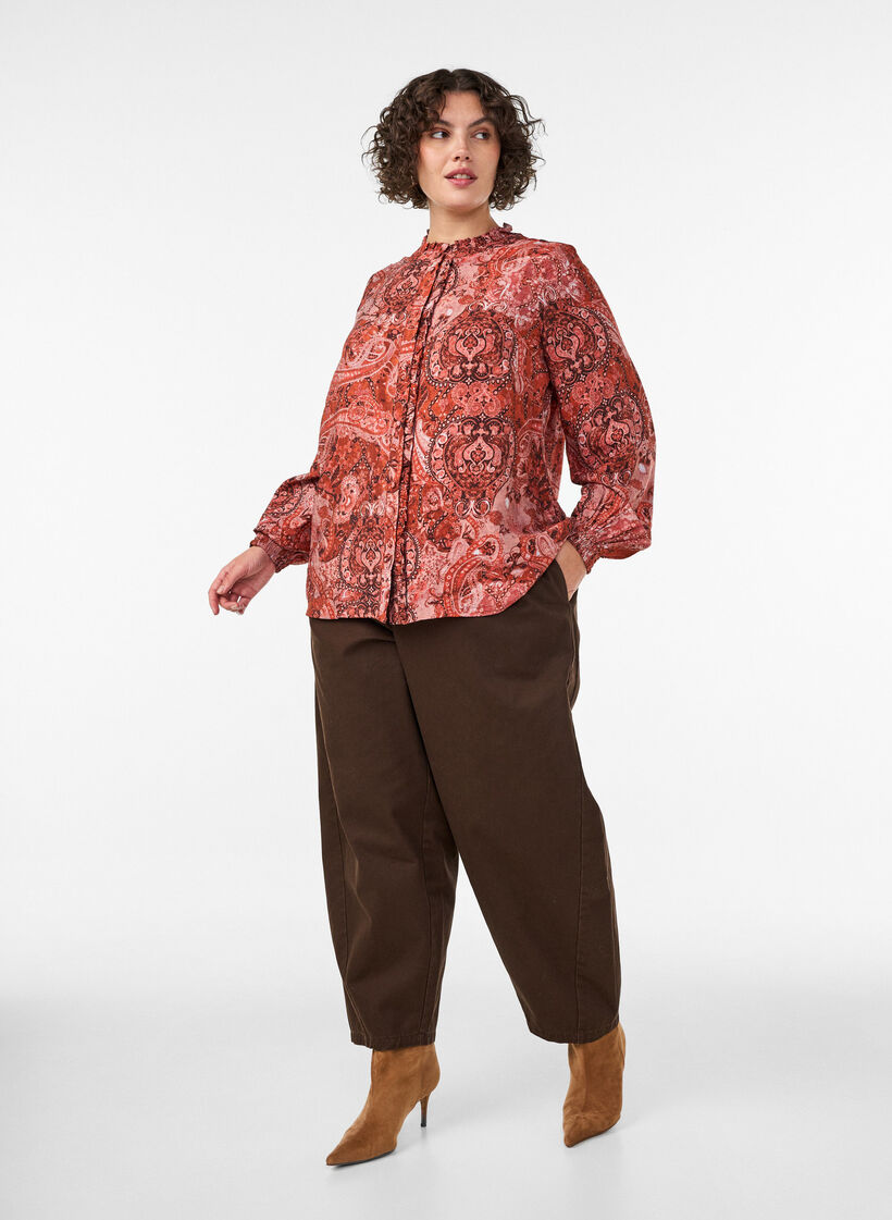 Bluse i viskose med paisleyprint og fl&aelig;ser, Orange, Model image number 1
