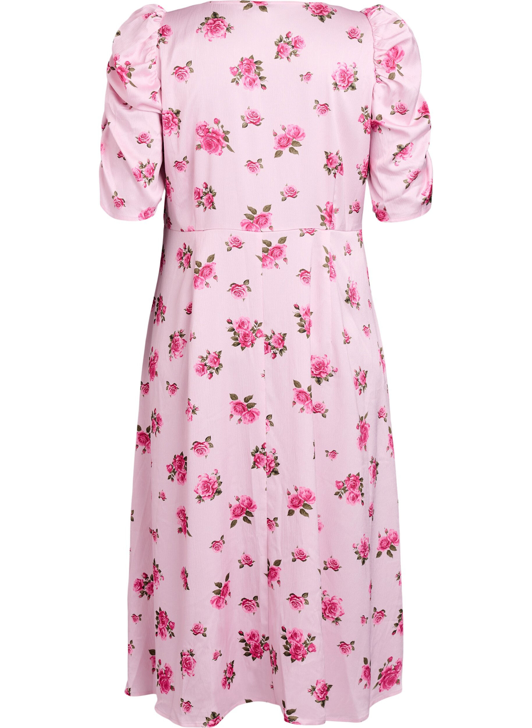 Zizzi Blomstret midikjole med puf&aelig;rmer, Lyser&oslash;d, Packshot image number 1
