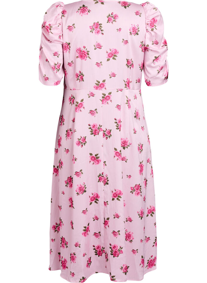 Blomstret midikjole med puf&aelig;rmer, Lyser&oslash;d, Packshot image number 1