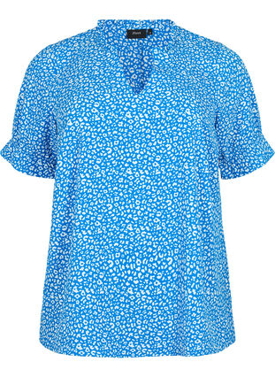Kortærmet bluse med print , Blue Ditsy, Packshot image number 0