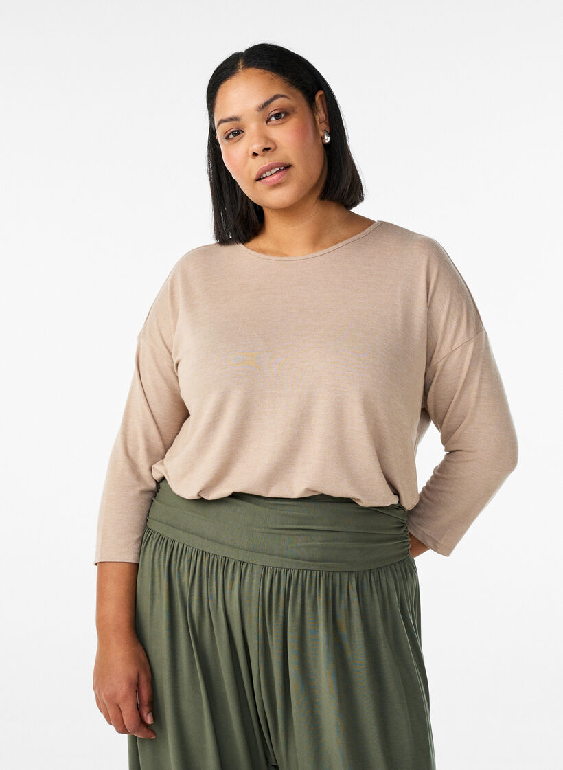 Jerseybluse med 3/4 &aelig;rmer, Beige, Model image number 0