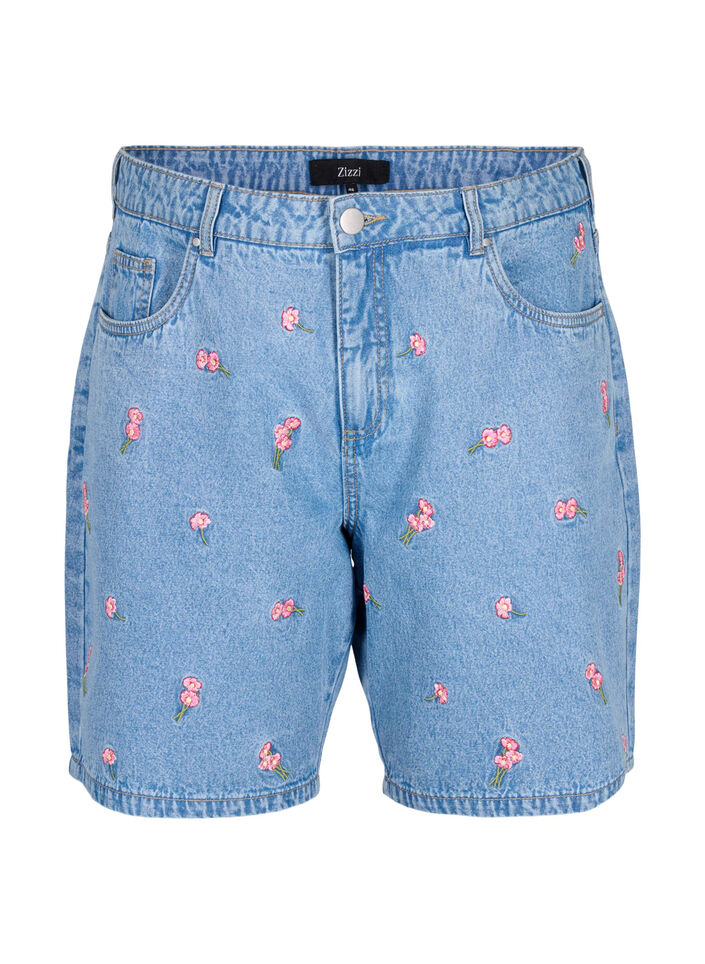 Denim shorts med broderede blomster, Bl&aring;, Packshot image number 0