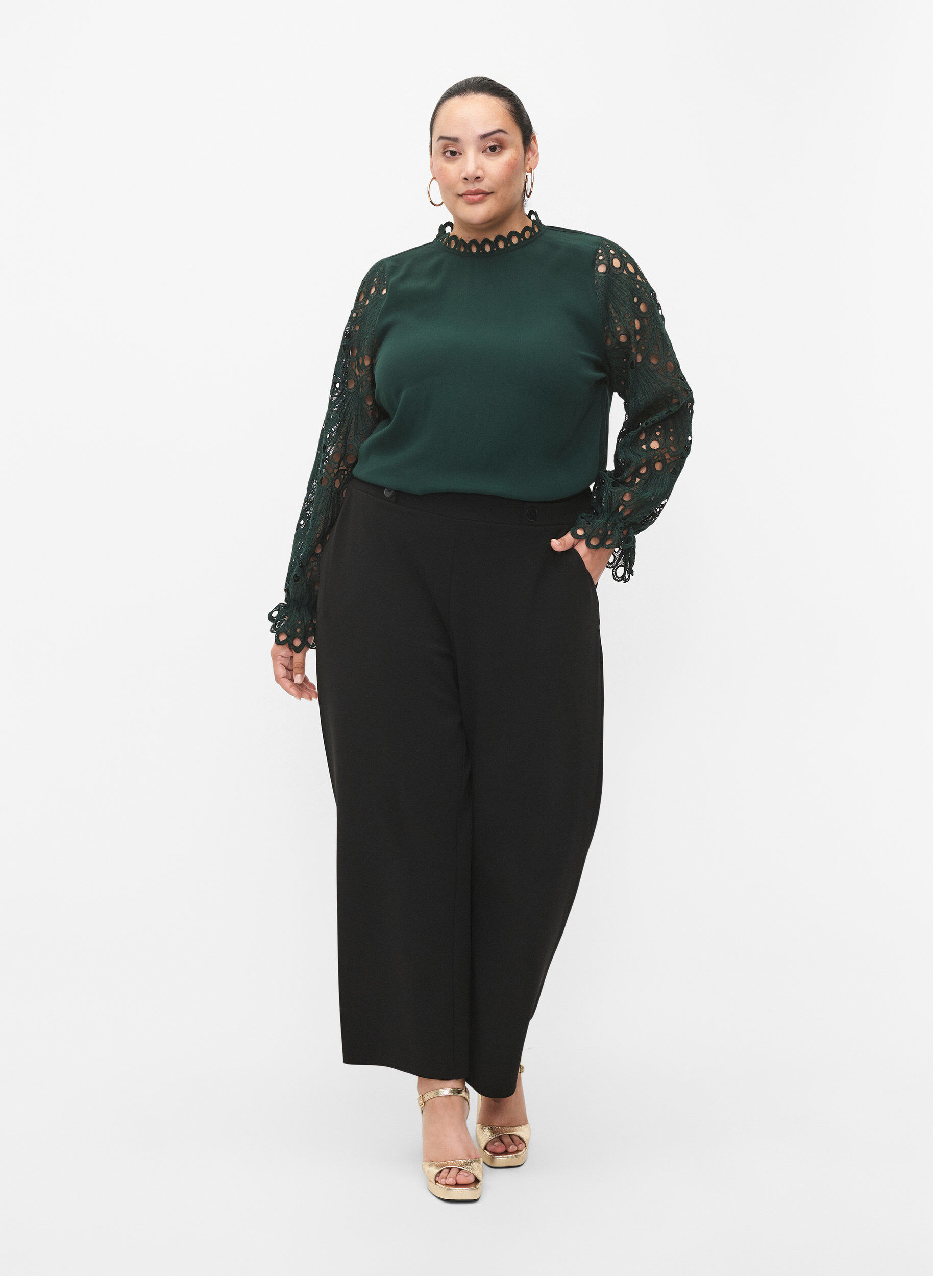 Zizzi Viskosebluse med crochet &aelig;rmer, Scarab, Model image number 2