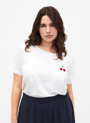 Bomulds t-shirt med broderet kirsebær, B.White CherryEMB., Model image number 0