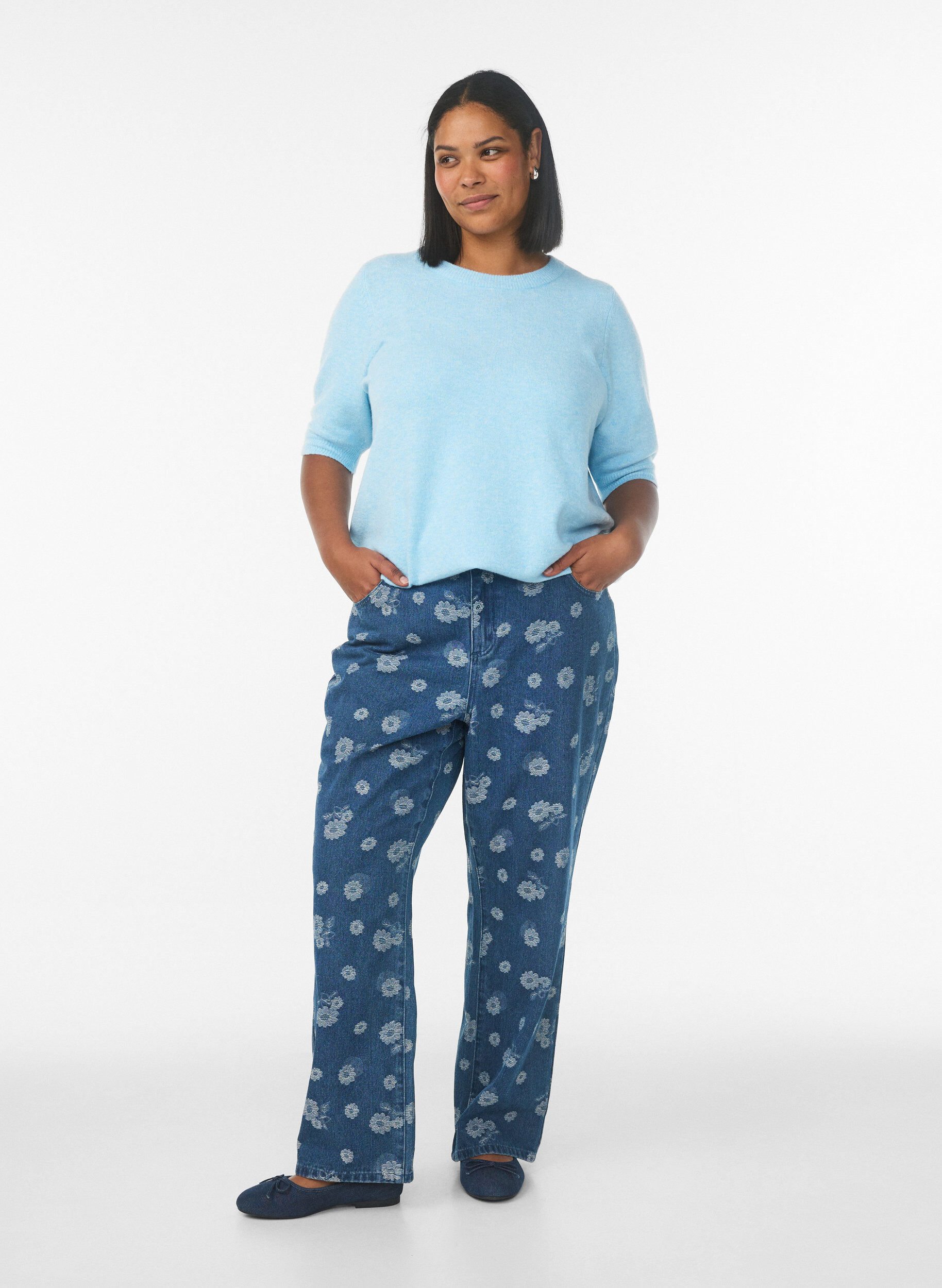 Zizzi Strikbluse med korte &aelig;rmer, Bl&aring;, Model image number 1