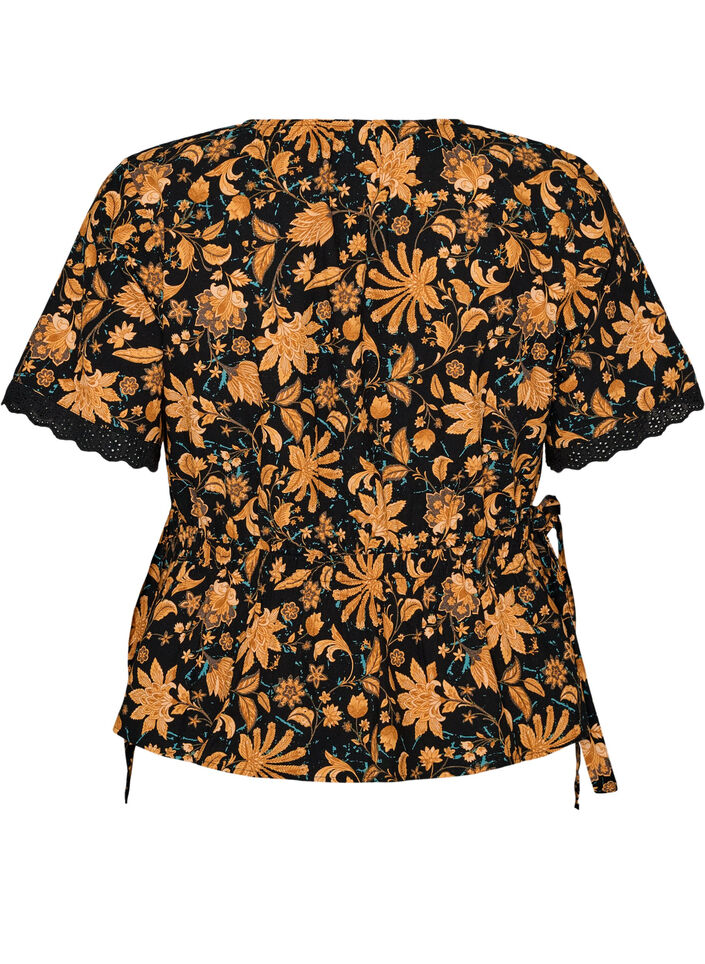 Blomstret bluse i bomuld med bindeb&aring;nd, Orange, Packshot image number 1