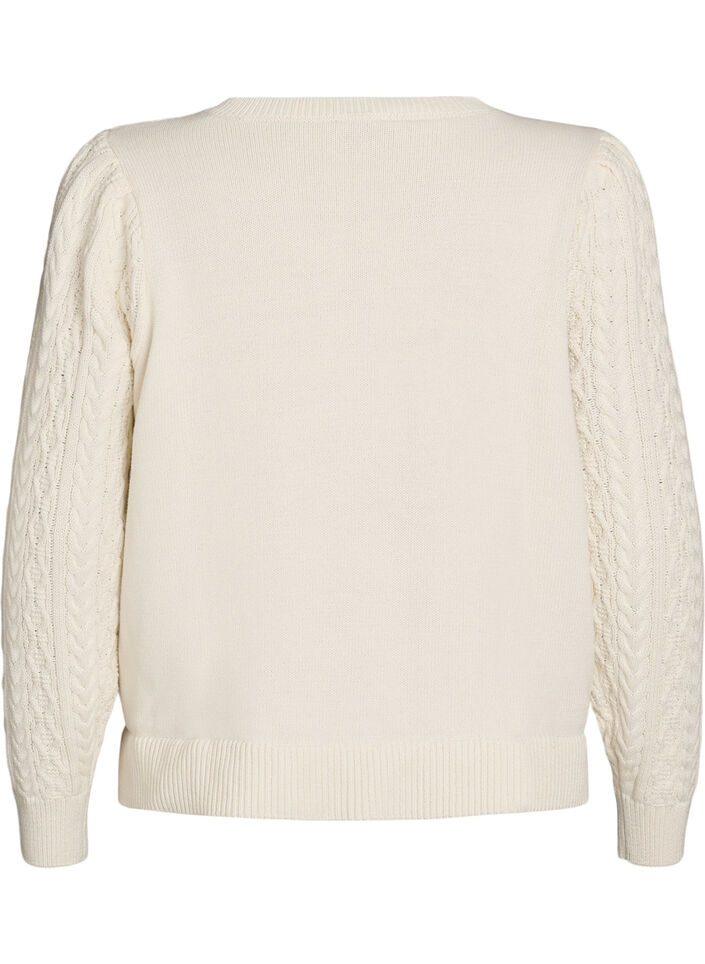 Strikbluse med kabelm&oslash;nster og broderede blomster, Hvid, Packshot image number 1