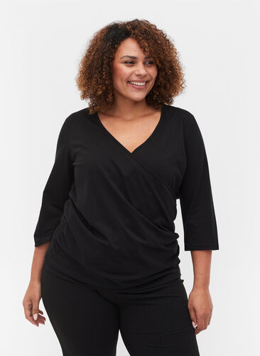 Bomulds bluse med 3/4 ærmer og wrap, Black, Model image number 0
