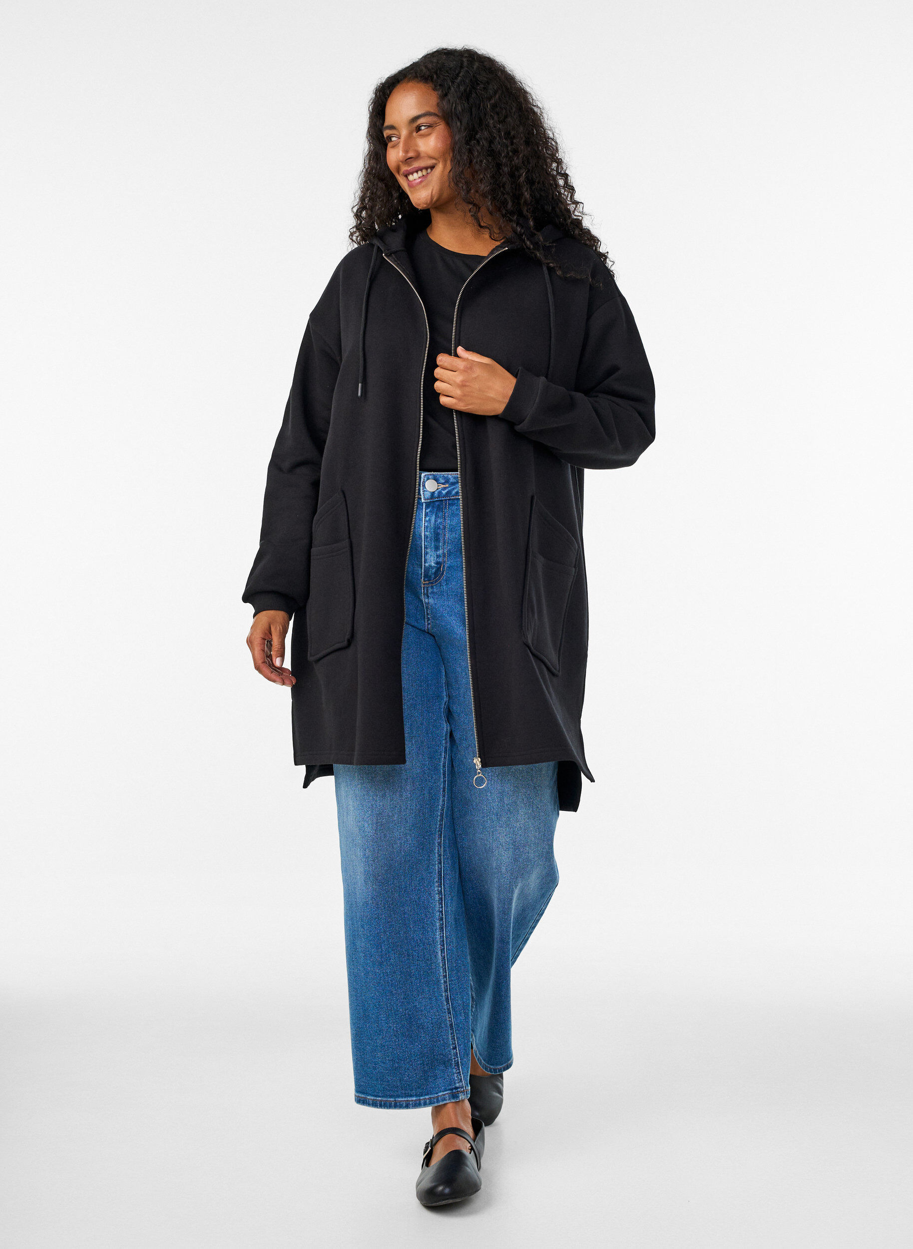 ZizziLang hoodie-cardigan med lynl&aring;s, Sort, Model image number 1