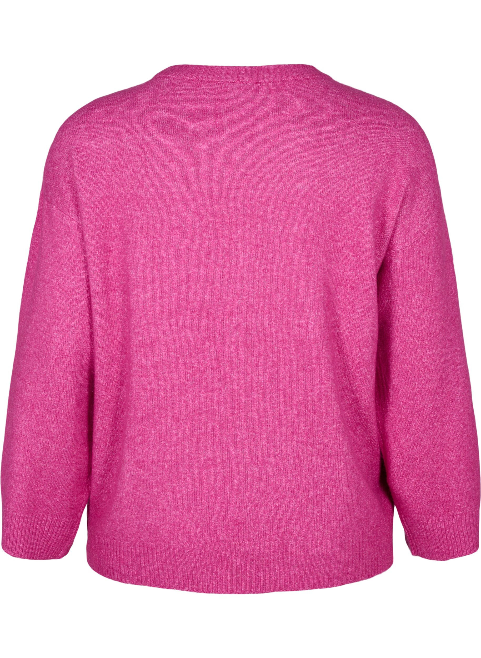 Zizzi Strikbluse med rund hals og midters&oslash;m, Fuchsia Red Mel., Packshot image number 1