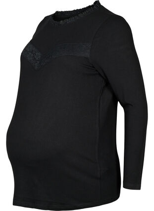 Graviditets bluse med blonder og lange ærmer, Black, Packshot image number 0