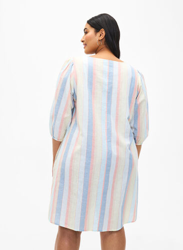 Kort kjole i bomuldsmix med hør, Multi Color Stripe, Model image number 1