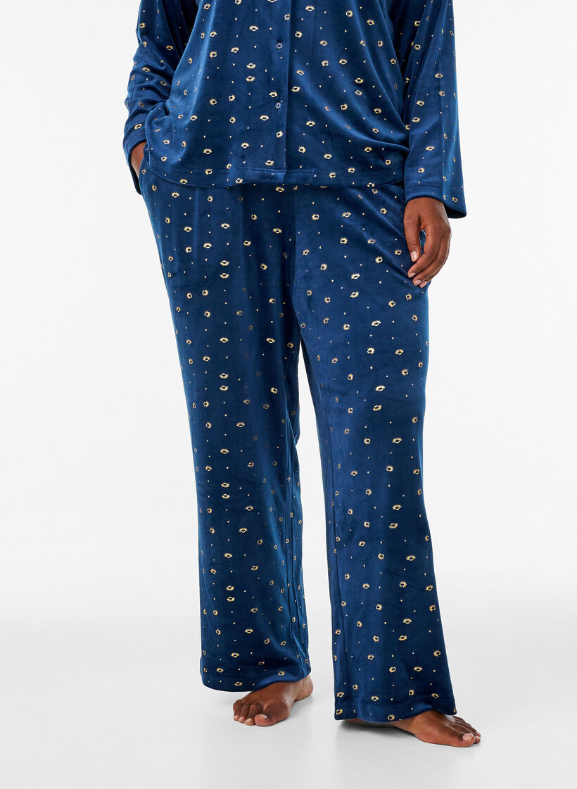 Pyjamasbukser i velour med all-over print, Bl&aring;, Model image number 2