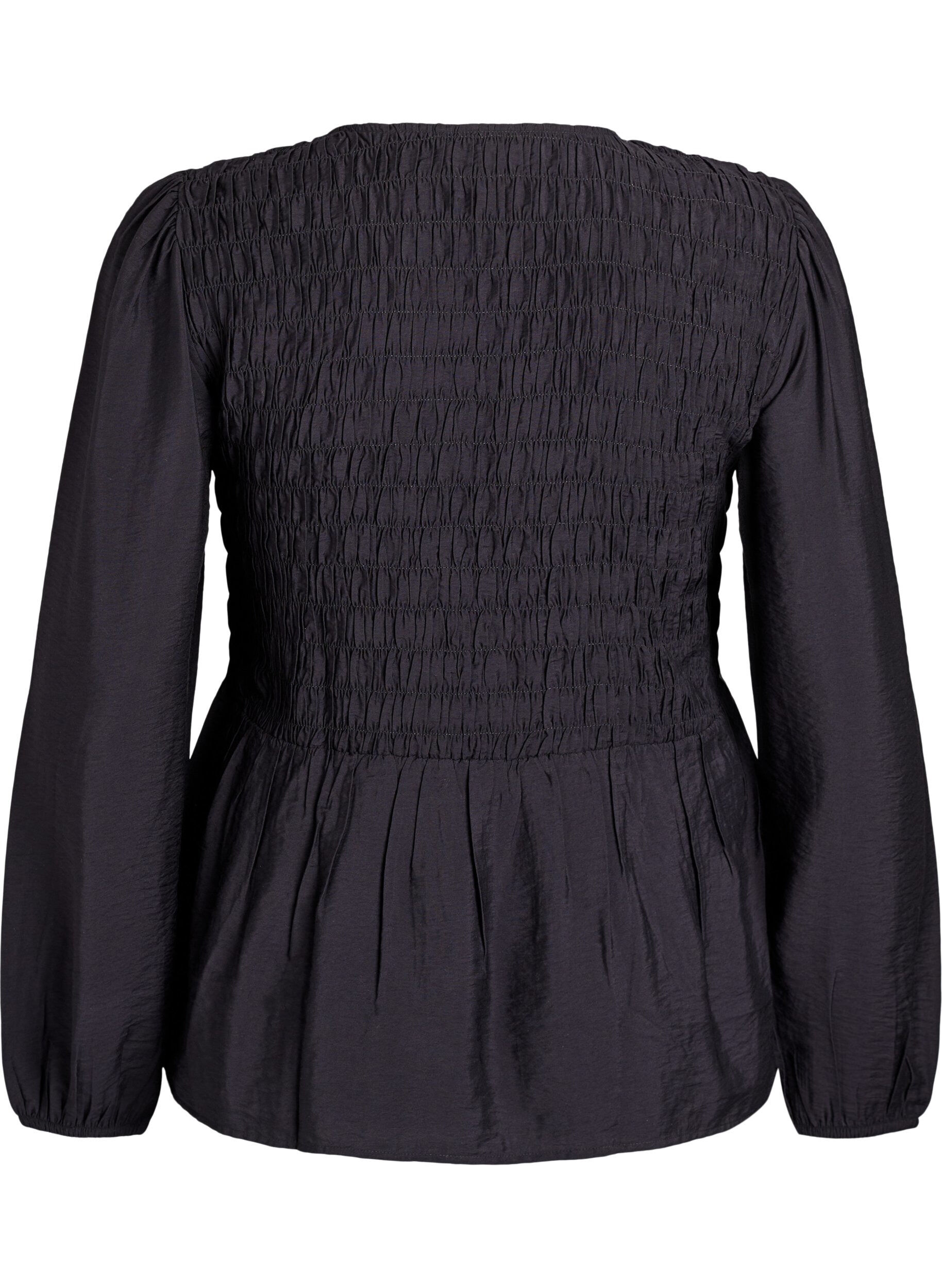 ZizziBluse med smock og lange &aelig;rmer, Sort, Packshot image number 1