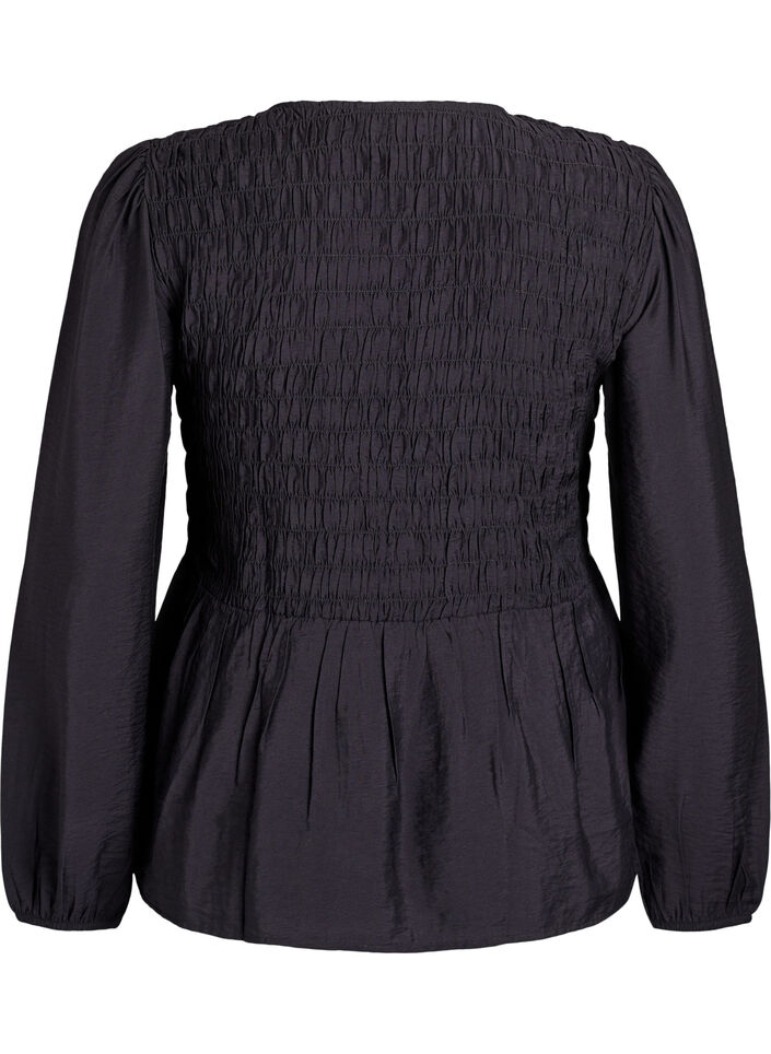 Bluse med smock og lange &aelig;rmer, Sort, Packshot image number 1
