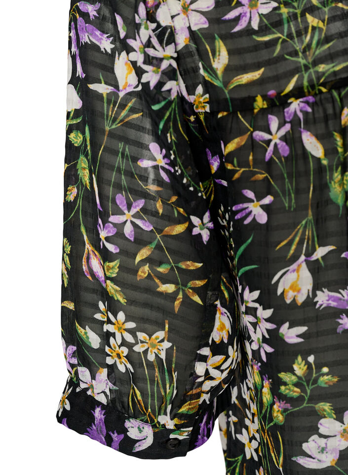 Bluse med blomsterprint og V-udsk&aelig;ring, Sort, Packshot image number 3