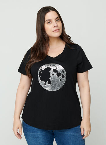 Bomulds t-shirt med pailletter, Black, Model image number 0