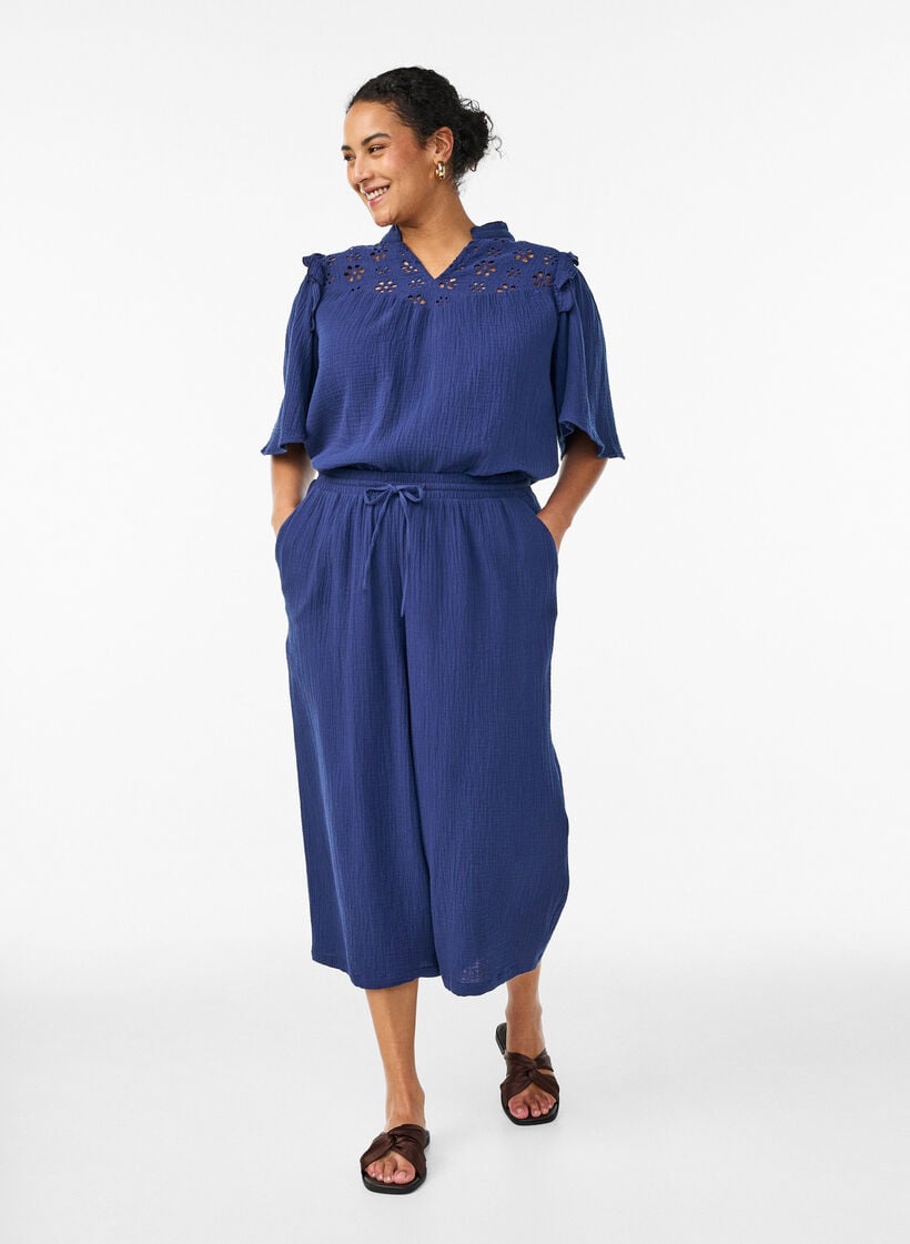 Culottebukser i bomuldsmusselin med h&oslash;j talje, Bl&aring;, Model image number 0