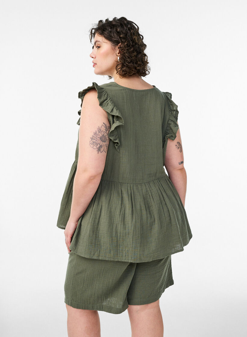 L&oslash;se shorts i bomuldsmusselin med h&oslash;j talje, Gr&oslash;n, Model image number 2