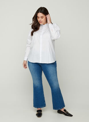 Bomulds skjorte med pufærmer, Bright White, Model image number 3