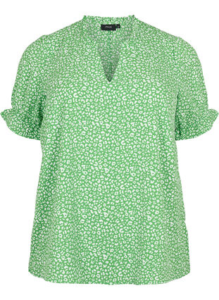 Kortærmet bluse med print, Green Ditsy, Packshot image number 0