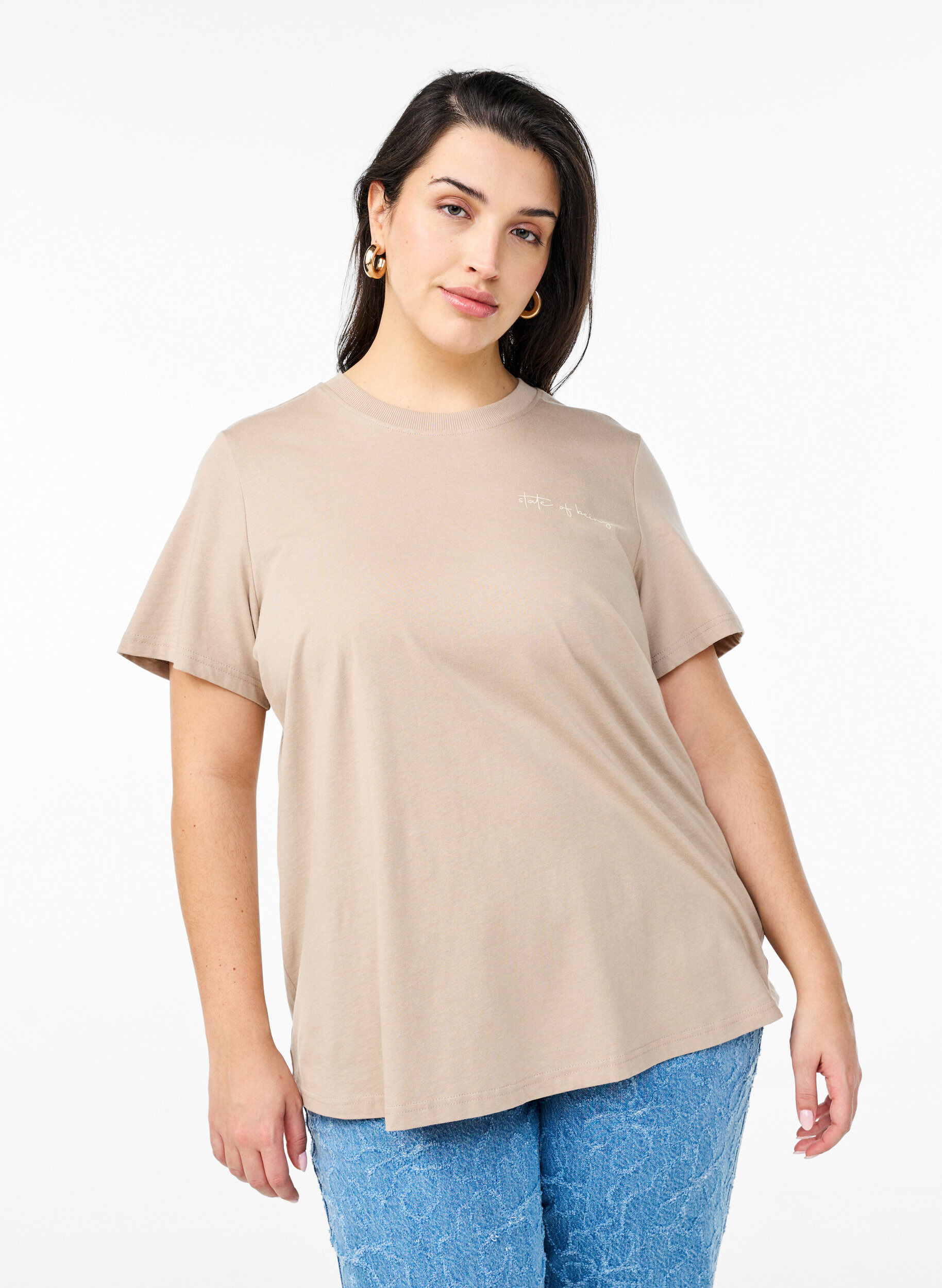 Zizzi T-shirt med tekstmotiv og rund hals, Brun, Model image number 0