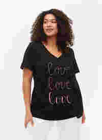 Bomulds t-shirt med v-hals og tryk, Black W. Love, Model