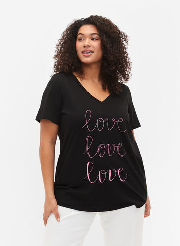 Bomulds t-shirt med v-hals og tryk, Black W. Love, Model image number 0