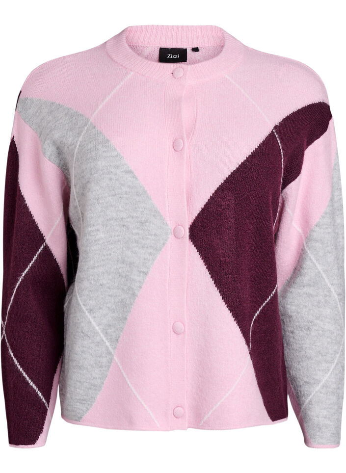 Cardigan med argyle-mønster og rund hals, Lyserød, Packshot image number 0