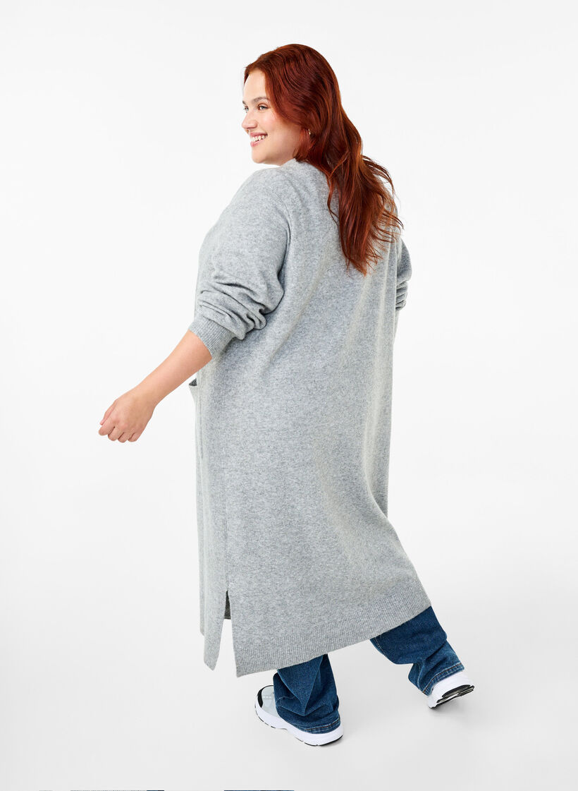 Lang strikcardigan med lommer, Light Grey Melange, Model image number 1