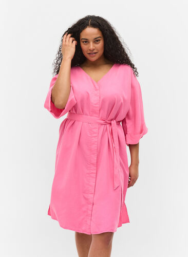 Kjole med 3/4 ærmer og bindebånd, Shocking Pink, Model image number 0