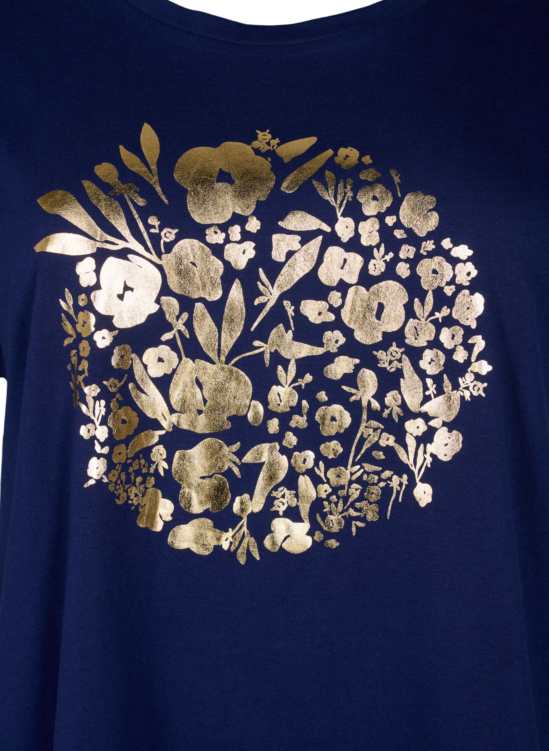 Zizzi T-shirt i &oslash;kologisk bomuld med guldtryk, Med.Blue Gold Flower, Packshot image number 2