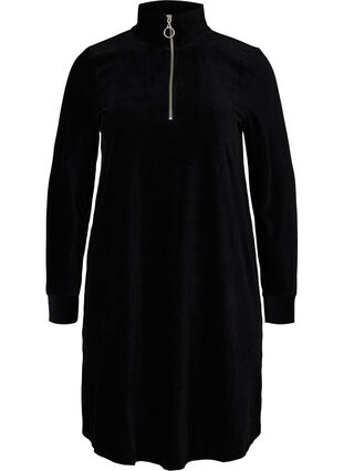 Velour kjole med høj hals og lynlås, Black, Packshot image number 0