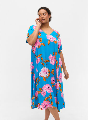 Viskose midikjole med blomsterprint, Blue Pink Flower, Model image number 0