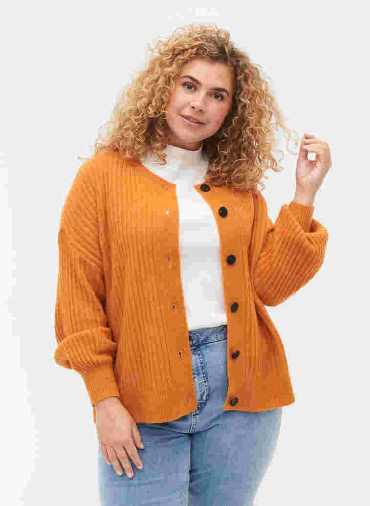 Ribstrikket cardigan med knapper, Harvest Pumpkin Mel., Model