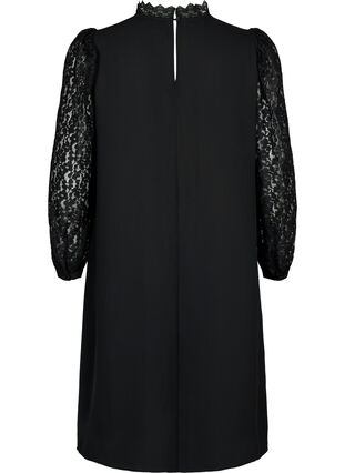 Langærmet kjole med blonder, Black, Packshot image number 1