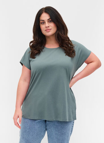Bomulds t-shirt med striber, Balsam Green Solid, Model image number 0
