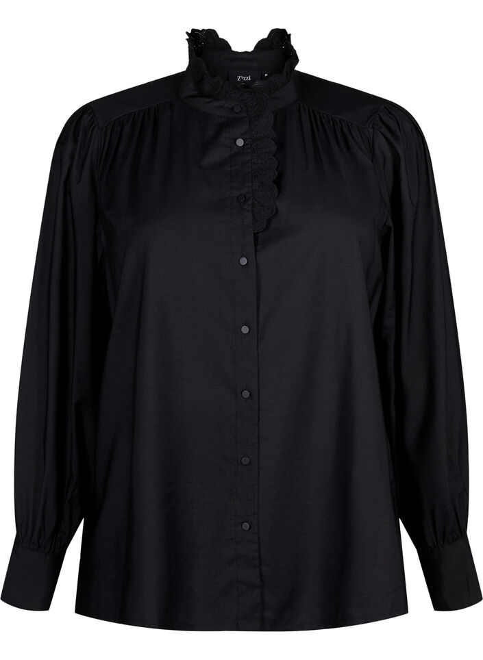 Skjortebluse i viskose med flæser, Black, Packshot image number 0