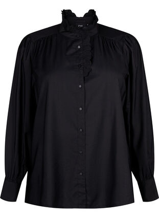 Skjortebluse i viskose med flæser, Black, Packshot image number 0