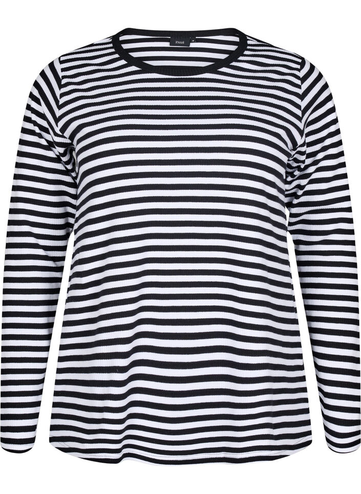 Stribet bluse med lange &aelig;rmer, Sort, Packshot image number 0