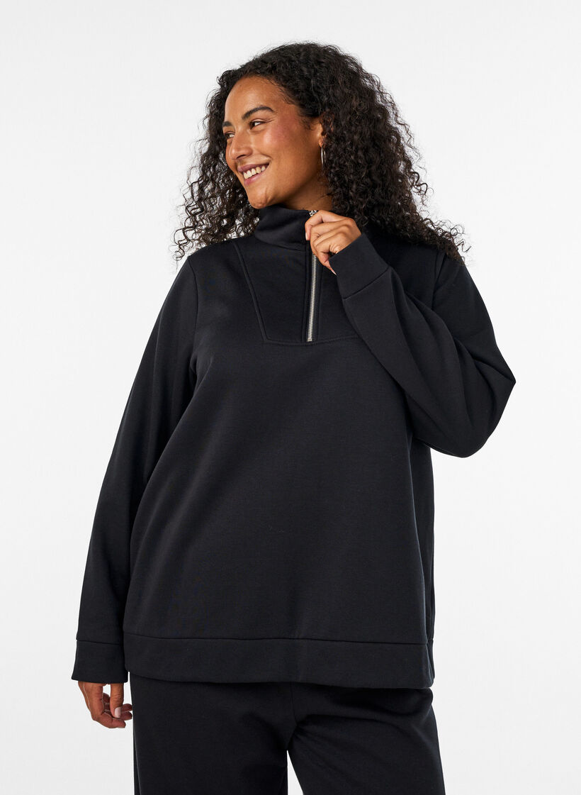 Sweatshirt med h&oslash;j krave og lynl&aring;s, Sort, Model image number 0