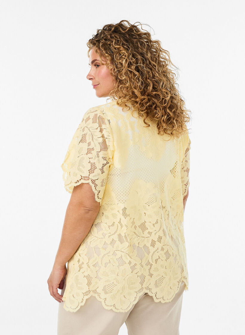 Blondebluse med fl&aelig;sekrave og korte &aelig;rmer, Gul, Model image number 2
